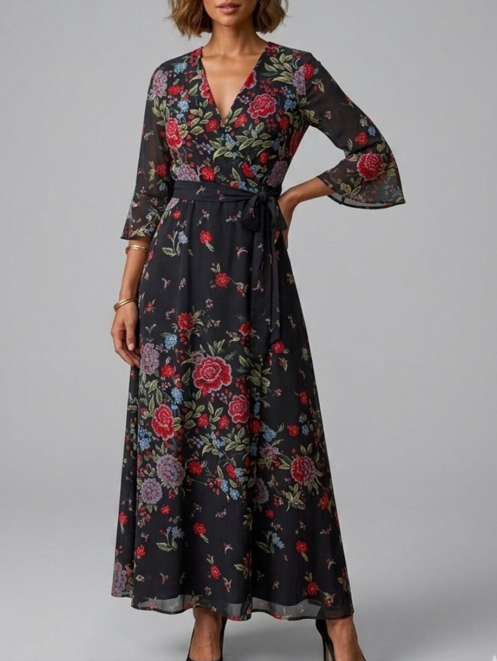 LIGHTER COLLECTION Floral Wrap Maxi Dress Black with Red & Green Floral Sz S